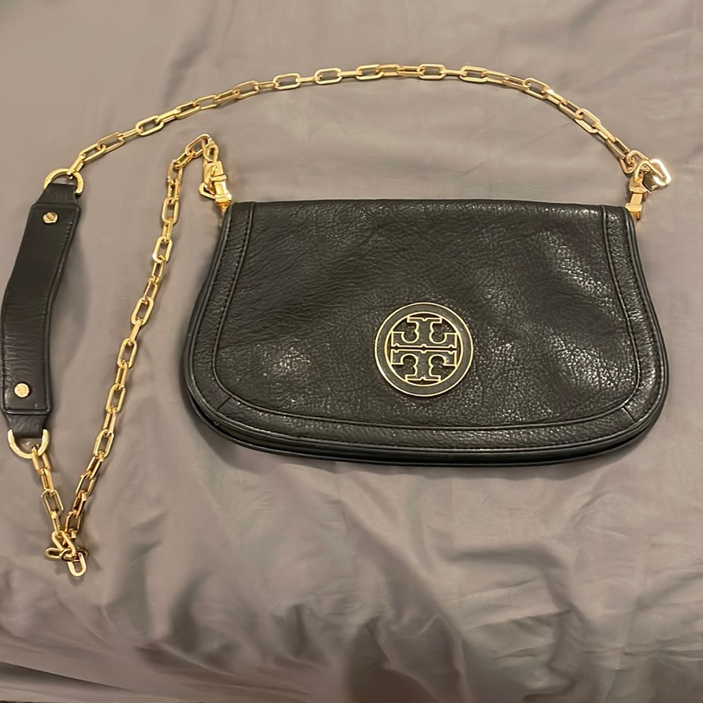 Tory Burch gold chain linked black leather purse